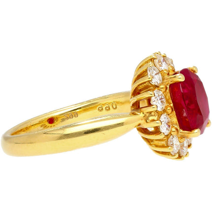 2.99 Carat Oval Cut Burmese Ruby Diamond Halo Ring 18K Yellow Gold-Time and Carat