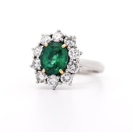 2.69 Carat Vivid Green Oval Emerald Round Diamond Cluster Halo Platinum Ring