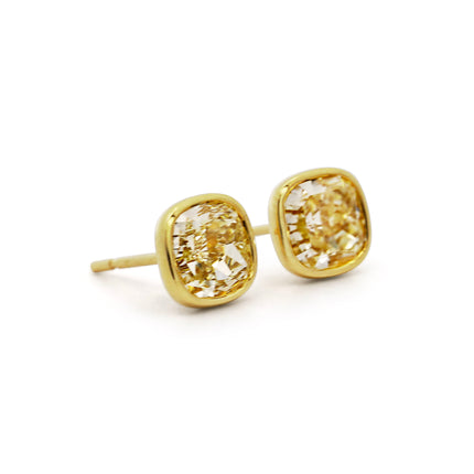 3.51ctw Fancy Light Yellow Cushion Bezel Stud Earrings 18K | EGL