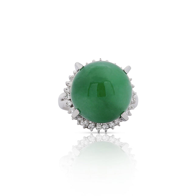 30 Carat Cabochon Bright Green Jadeite Jade Diamond Halo Statement Ring Platinum-Time and Carat