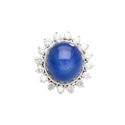 30 Carat Cabochon Oval Ceylon Blue Star Sapphire Diamond Halo Ring-Time and Carat