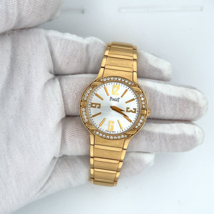32mm Piaget Polo Quartz Diamond Bezel 18K Yellow Gold Ladies Watch Bracelet-Time and Carat