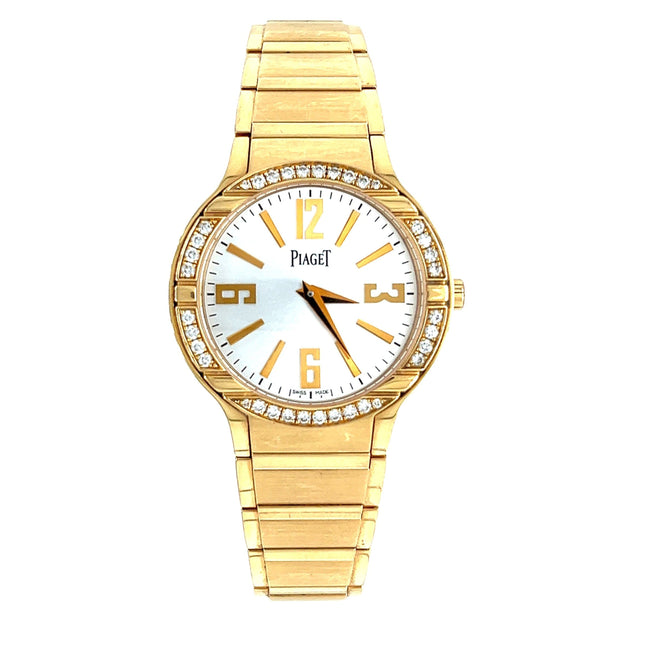 32mm Piaget Polo Quartz Diamond Bezel 18K Yellow Gold Ladies Watch Bracelet-Time and Carat