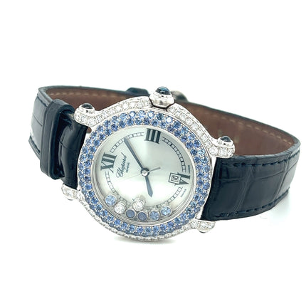 33mm Chopard Happy Sport Quartz Diamond Sapphire Bezel Floating Gemstones 18K White Gold Ladies Watch-Time and Carat