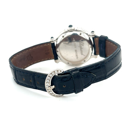 33mm Chopard Happy Sport Quartz Diamond Sapphire Bezel Floating Gemstones 18K White Gold Ladies Watch-Time and Carat