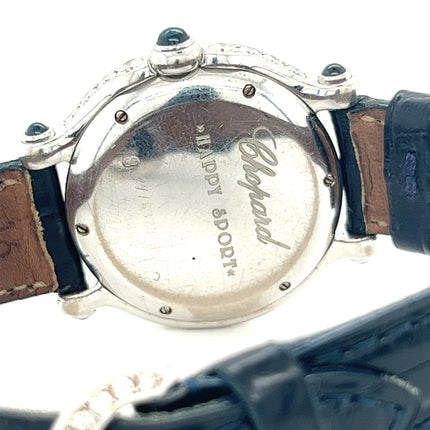 33mm Chopard Happy Sport Quartz Diamond Sapphire Bezel Floating Gemstones 18K White Gold Ladies Watch-Time and Carat