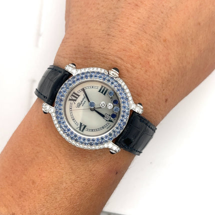 33mm Chopard Happy Sport Quartz Diamond Sapphire Bezel Floating Gemstones 18K White Gold Ladies Watch-Time and Carat