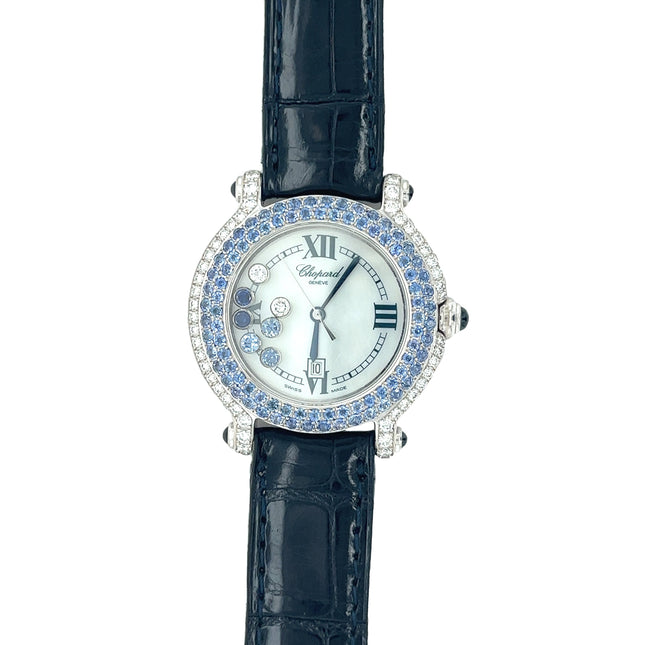 33mm Chopard Happy Sport Quartz Diamond Sapphire Bezel Floating Gemstones 18K White Gold Ladies Watch-Time and Carat