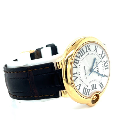 36mm Cartier Ballon Bleu Automatic 18K Solid Gold White Guilloche Dial Sapphire Crown Leather Strap Unisex Watch-Time and Carat
