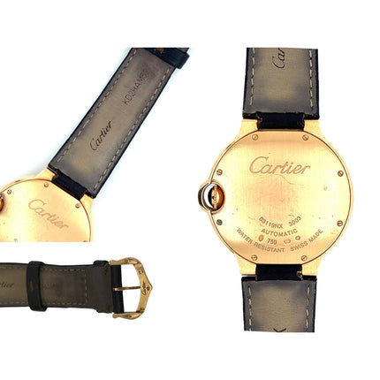 36mm Cartier Ballon Bleu Automatic 18K Solid Gold White Guilloche Dial Sapphire Crown Leather Strap Unisex Watch-Time and Carat