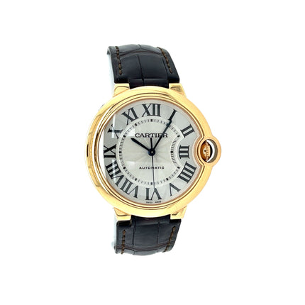 36mm Cartier Ballon Bleu Automatic 18K Solid Gold White Guilloche Dial Sapphire Crown Leather Strap Unisex Watch-Time and Carat