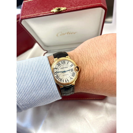 36mm Cartier Ballon Bleu Automatic 18K Solid Gold White Guilloche Dial Sapphire Crown Leather Strap Unisex Watch-Time and Carat
