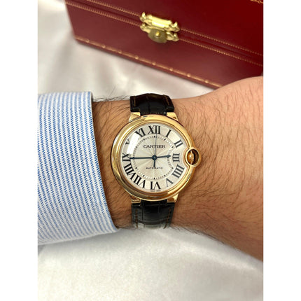 36mm Cartier Ballon Bleu Automatic 18K Solid Gold White Guilloche Dial Sapphire Crown Leather Strap Unisex Watch-Time and Carat