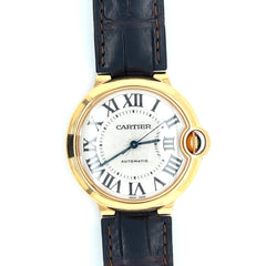 36mm Cartier Ballon Bleu Automatic 18K Solid Gold White Guilloche Dial Sapphire Crown Leather Strap Unisex Watch-Time and Carat