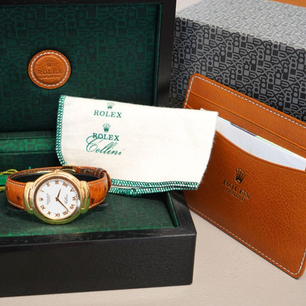 37mm Rolex Cellini Quartz White Dial Roman Numerals Yellow Gold Ostrich Leather Strap Vintage 1990-Time and Carat