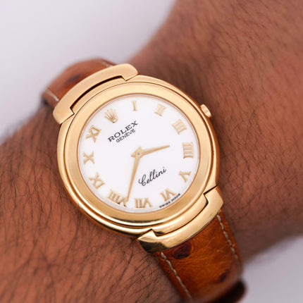 37mm Rolex Cellini Quartz White Dial Roman Numerals Yellow Gold Ostrich Leather Strap Vintage 1990-Time and Carat