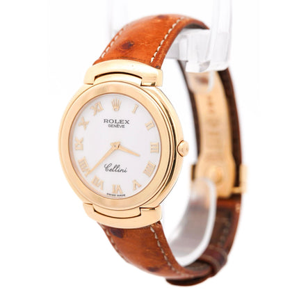 37mm Rolex Cellini Quartz White Dial Roman Numerals Yellow Gold Ostrich Leather Strap Vintage 1990-Time and Carat