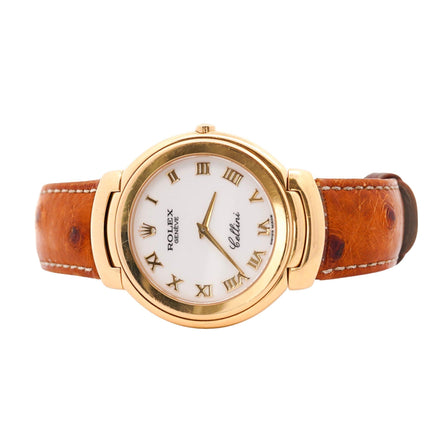 37mm Rolex Cellini Quartz White Dial Roman Numerals Yellow Gold Ostrich Leather Strap Vintage 1990-Time and Carat