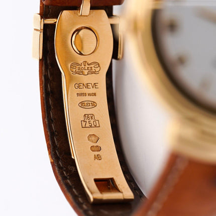 37mm Rolex Cellini Quartz White Dial Roman Numerals Yellow Gold Ostrich Leather Strap Vintage 1990-Time and Carat