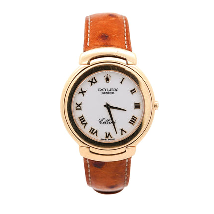 37mm Rolex Cellini Quartz White Dial Roman Numerals Yellow Gold Ostrich Leather Strap Vintage 1990-Time and Carat