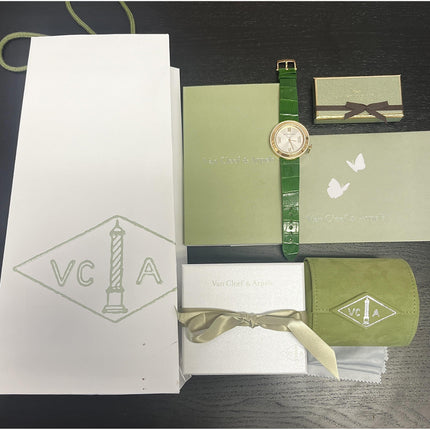 38mm Van Cleef & Arpels Charms Diamond Bezel Quartz Rose Gold Green Alligator Strap Ladies Watch-Time and Carat