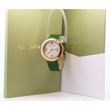38mm Van Cleef & Arpels Charms Diamond Bezel Quartz Rose Gold Green Alligator Strap Ladies Watch-Time and Carat
