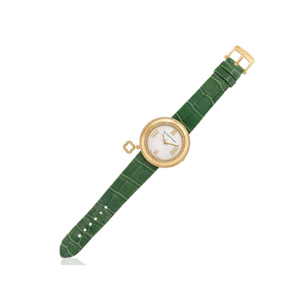 38mm Van Cleef & Arpels Charms Diamond Bezel Quartz Rose Gold Green Alligator Strap Ladies Watch-Time and Carat