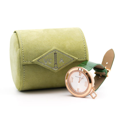 38mm Van Cleef & Arpels Charms Diamond Bezel Quartz Rose Gold Green Alligator Strap Ladies Watch-Time and Carat