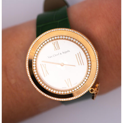 38mm Van Cleef & Arpels Charms Diamond Bezel Quartz Rose Gold Green Alligator Strap Ladies Watch-Time and Carat