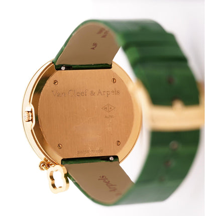 38mm Van Cleef & Arpels Charms Diamond Bezel Quartz Rose Gold Green Alligator Strap Ladies Watch-Time and Carat