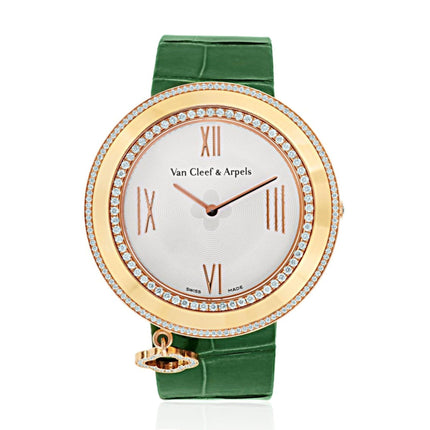 38mm Van Cleef & Arpels Charms Diamond Bezel Quartz Rose Gold Green Alligator Strap Ladies Watch-Time and Carat
