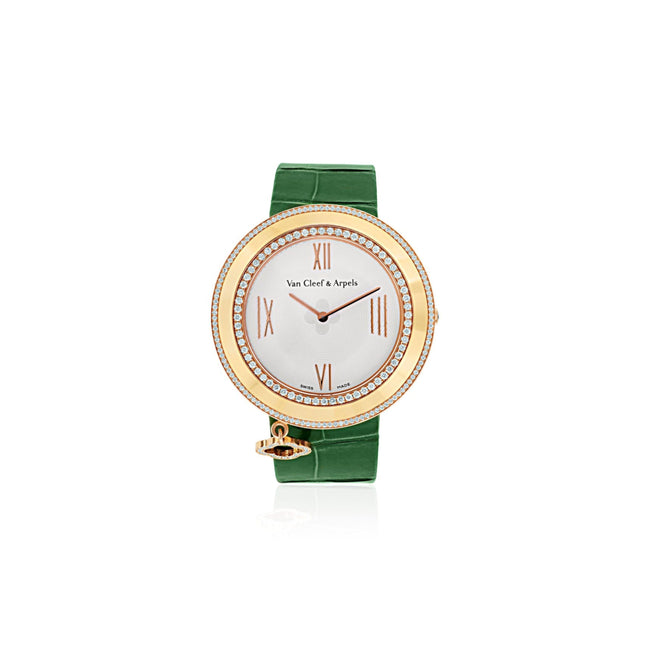 38mm Van Cleef & Arpels Charms Diamond Bezel Quartz Rose Gold Green Alligator Strap Ladies Watch-Time and Carat