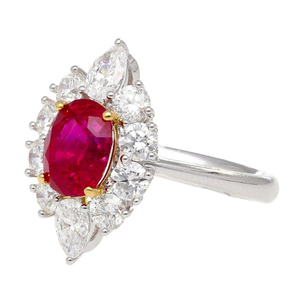 3.04 Carat Oval No Heat Pigeon's Blood Afghanistan Ruby Cathedral Diamond Halo Ring-Time and Carat