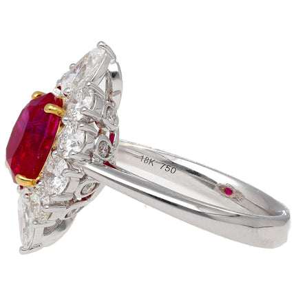 3.04 Carat Oval No Heat Pigeon's Blood Afghanistan Ruby Cathedral Diamond Halo Ring-Time and Carat