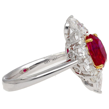 3.04 Carat Oval No Heat Pigeon's Blood Afghanistan Ruby Cathedral Diamond Halo Ring-Time and Carat