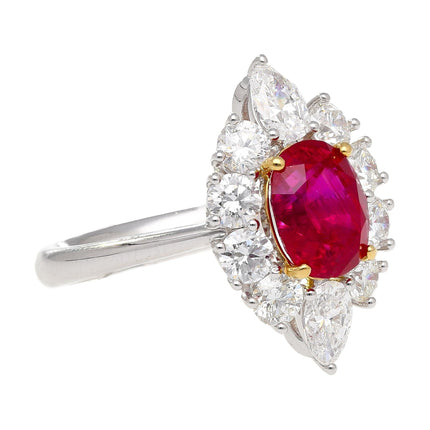 3.04 Carat Oval No Heat Pigeon's Blood Afghanistan Ruby Cathedral Diamond Halo Ring-Time and Carat
