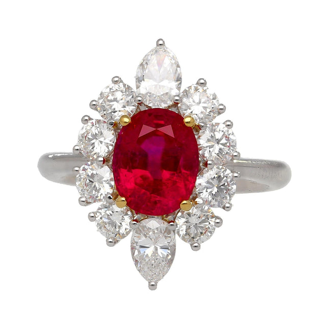 3.04 Carat Oval No Heat Pigeon's Blood Afghanistan Ruby Cathedral Diamond Halo Ring-Time and Carat