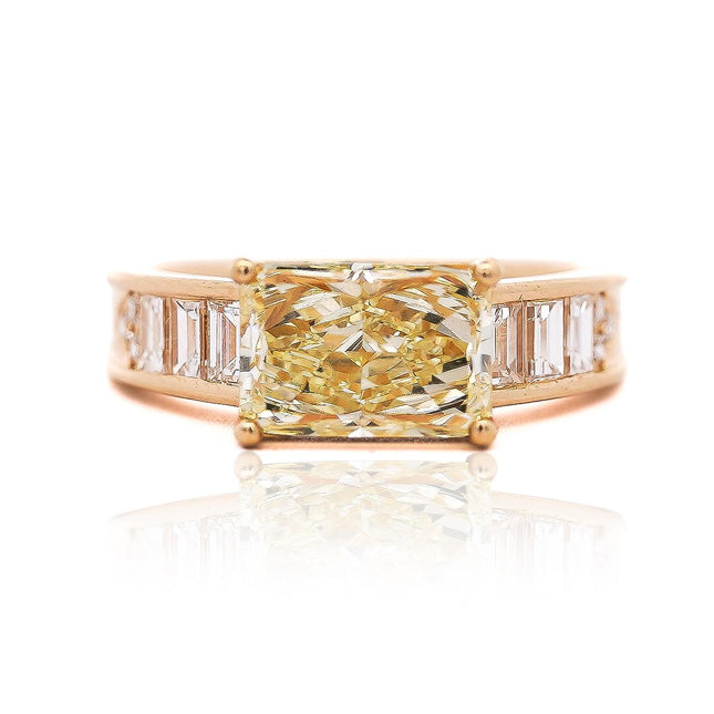 3.04 Carat Radiant Cut Yellow Diamond Baguette Diamond Ring 18K Gold East-West Setting-Time and Carat