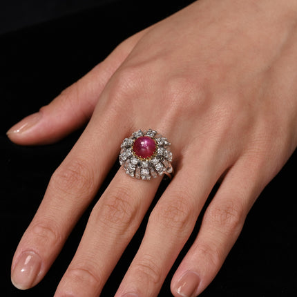 3.04 Carat Star Ruby No-Heat Burma & Diamond 18K Gold Sunburst Ring
