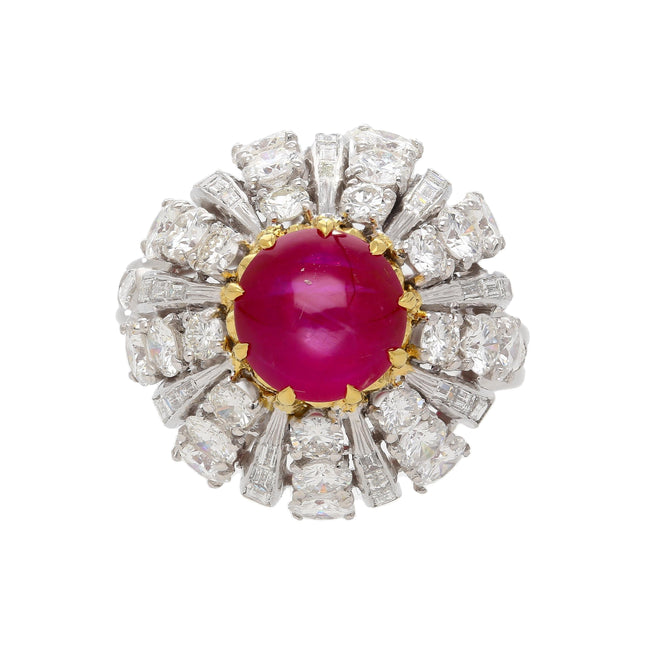 3.04 Carat Star Ruby No-Heat Burma & Diamond 18K Gold Sunburst Ring