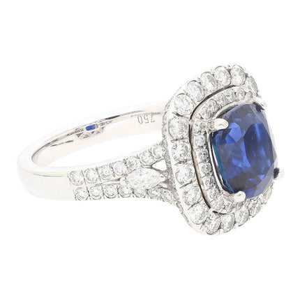 3.12 Carat Cushion Cut Blue Sapphire Diamond Double Halo Split Shank Ring-Time and Carat