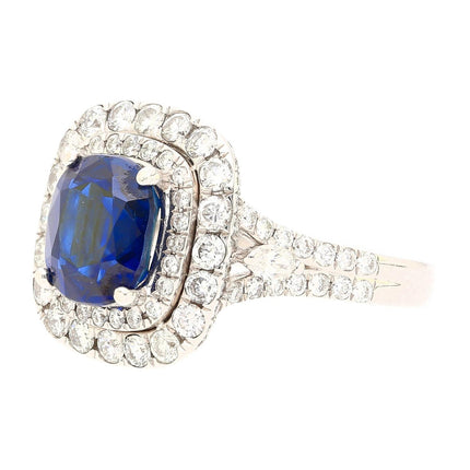 3.12 Carat Cushion Cut Blue Sapphire Diamond Double Halo Split Shank Ring-Time and Carat
