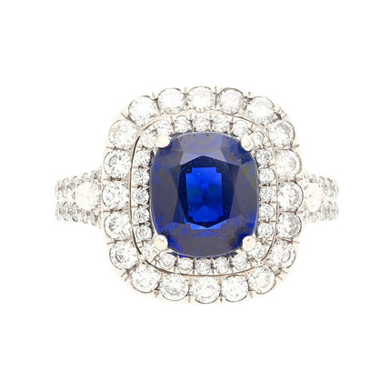 3.12 Carat Cushion Cut Blue Sapphire Diamond Double Halo Split Shank Ring-Time and Carat