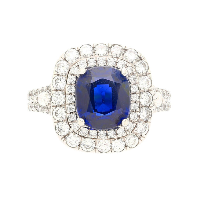 3.12 Carat Cushion Cut Blue Sapphire Diamond Double Halo Split Shank Ring-Time and Carat