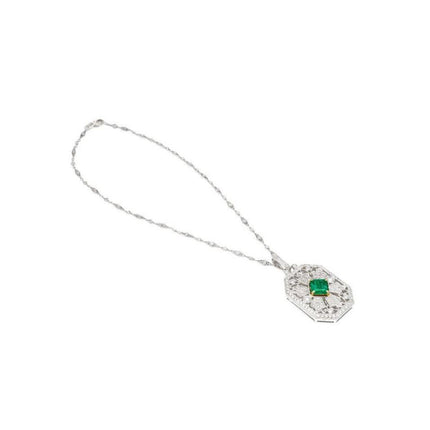 3.16 Carat Emerald Cut Vivid Green Emerald Round Diamond Pendant Necklace Platinum Art Deco Minor Oil-Time and Carat