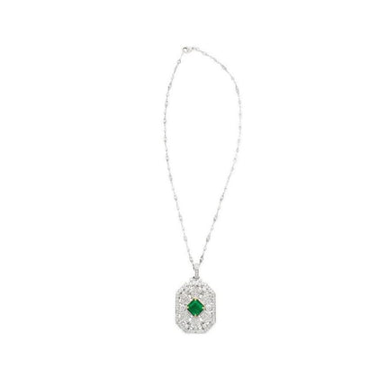 3.16 Carat Emerald Cut Vivid Green Emerald Round Diamond Pendant Necklace Platinum Art Deco Minor Oil-Time and Carat