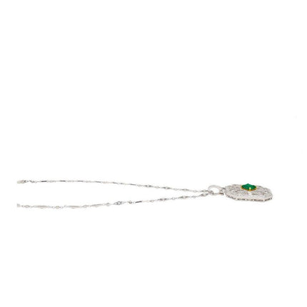 3.16 Carat Emerald Cut Vivid Green Emerald Round Diamond Pendant Necklace Platinum Art Deco Minor Oil-Time and Carat