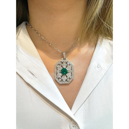 3.16 Carat Emerald Cut Vivid Green Emerald Round Diamond Pendant Necklace Platinum Art Deco Minor Oil-Time and Carat