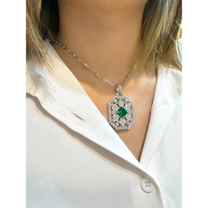 3.16 Carat Emerald Cut Vivid Green Emerald Round Diamond Pendant Necklace Platinum Art Deco Minor Oil-Time and Carat