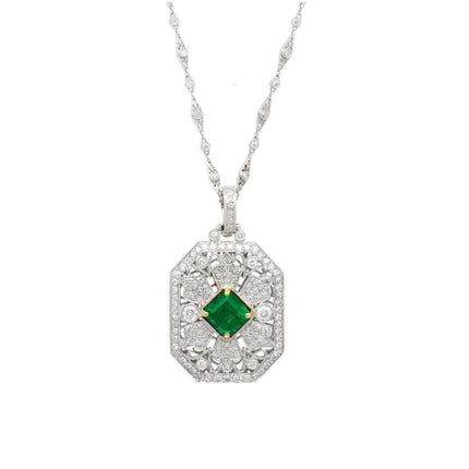 3.16 Carat Emerald Cut Vivid Green Emerald Round Diamond Pendant Necklace Platinum Art Deco Minor Oil-Time and Carat